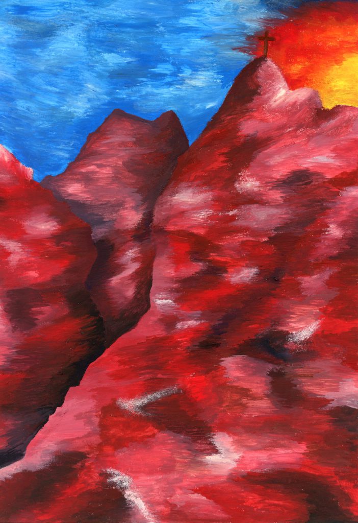 Beitrag/Bild aus dem Buch "Phase 4" von Aylin Marlen Dericioglu. Titel:Ein Leben lang im Sturzflug den Gipfel erklommen. Es ist ein Berg aus rötlichen Bergen mit einem Gipfelkreuz und Sonnenuntergang zu sehen.