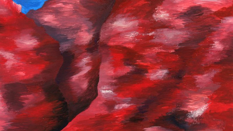 Beitrag/Bild aus dem Buch "Phase 4" von Aylin Marlen Dericioglu. Titel:Ein Leben lang im Sturzflug den Gipfel erklommen. Es ist ein Berg aus rötlichen Bergen mit einem Gipfelkreuz und Sonnenuntergang zu sehen.