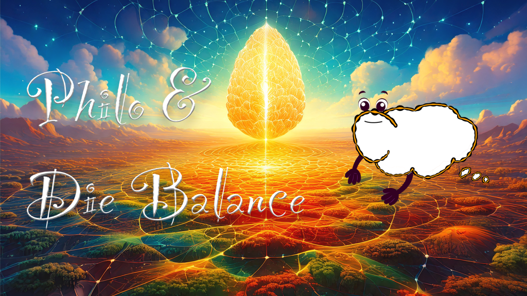 Eine Gedankenblase vor einer bunten Landschaft mit dem Titelschriftzug. "Philo & die Balance"