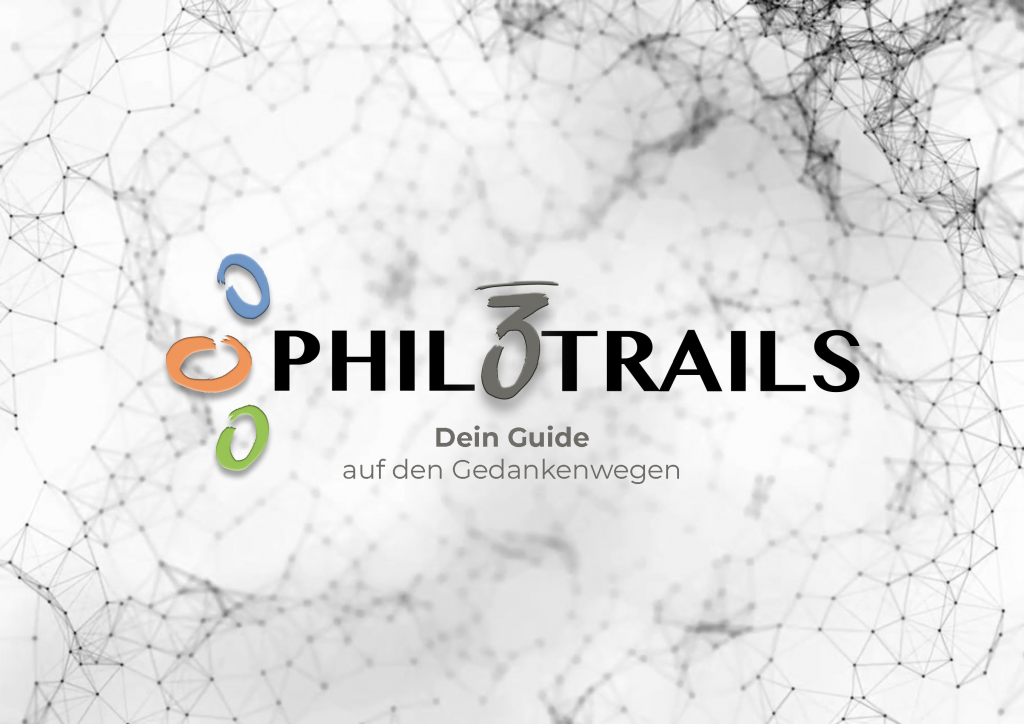 Cover für das Philotrails E-Paper: Dein Guide auf den Gedankenwegen. Ein Netz auf hellem Hintergrund und das Logo von Philotrials. Drei Kreise orange, grün, blau.